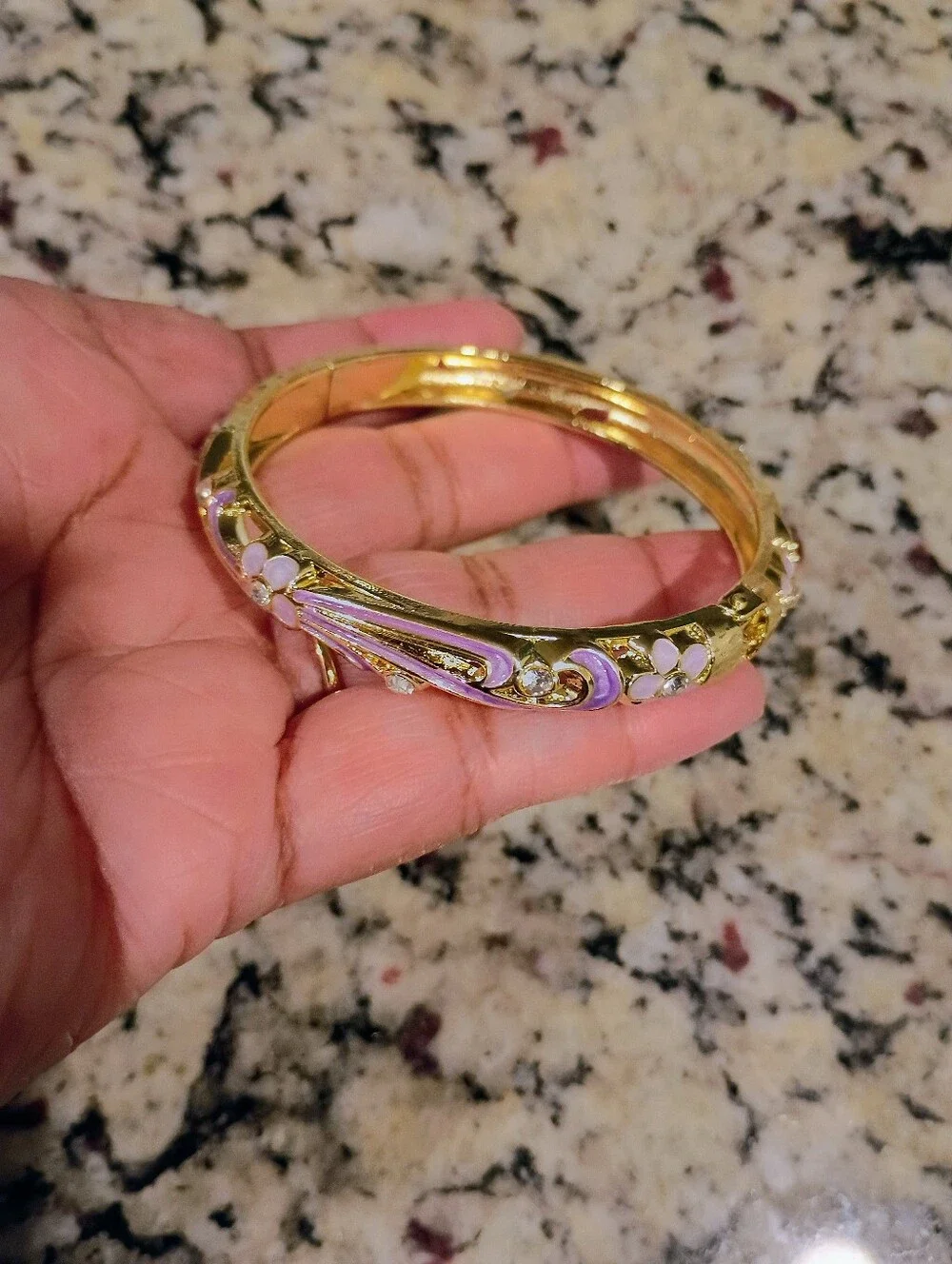 New Gold Tone Purple Floral Enamel Bangle Bracelet